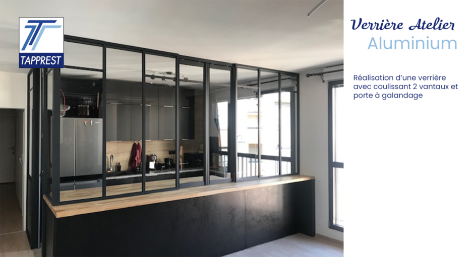 Réalisation d'une verrière Atelier avec coulissant 2 vantaux au centre et porte coulissante