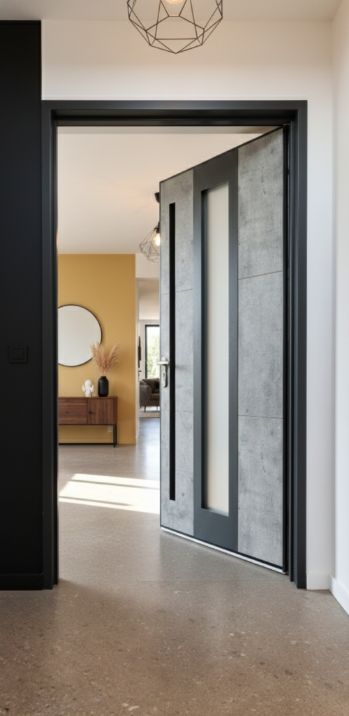 Vue sur la porte d'entrée Prestige aluminium modèle Daphné avec décor béton, porte entrouverte sur un intérieur moderne style loft