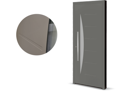 Visuel montrant une porte modèle Flavie au design contemporain avec un zoom sur la couleur, les rainures et le vitrage sobres