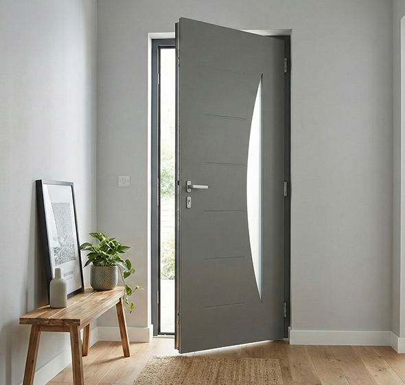 Photo d'ambiance qui montre l'entrée d'une maison actuelle vue de l'intérieur avec la porte ciselée Flavie entreouverte