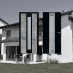 Photomontage présentant la face extérieure et la face intérieure de la porte prestige gamme nature modèle Daphné décor béton.