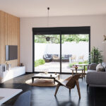 salon contemporain avec une grande fenêtre coulissante noire et un coffre de volet roulant noir dont le tablier est légèrement fermé