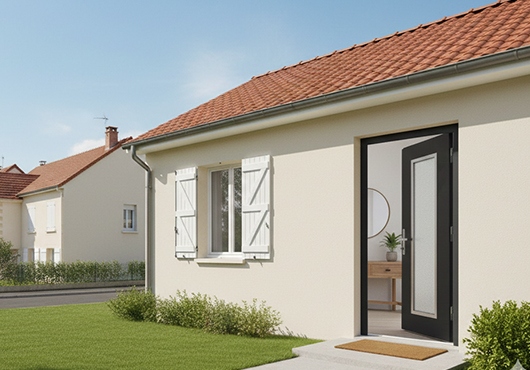 Porte d'entrée aluminium noire avec vitrage et décor alunox, dans une maison de ville