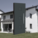 Porte Prestige gamme ciselée modèle Zoé vue de 3/4 avec en fond une photo de maison