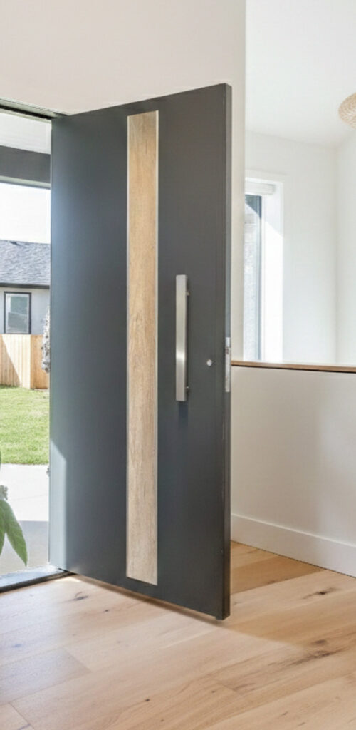 Photo d'ambiance porte prestige aluminium contemporaine sans vitrage fabricant français AMCC