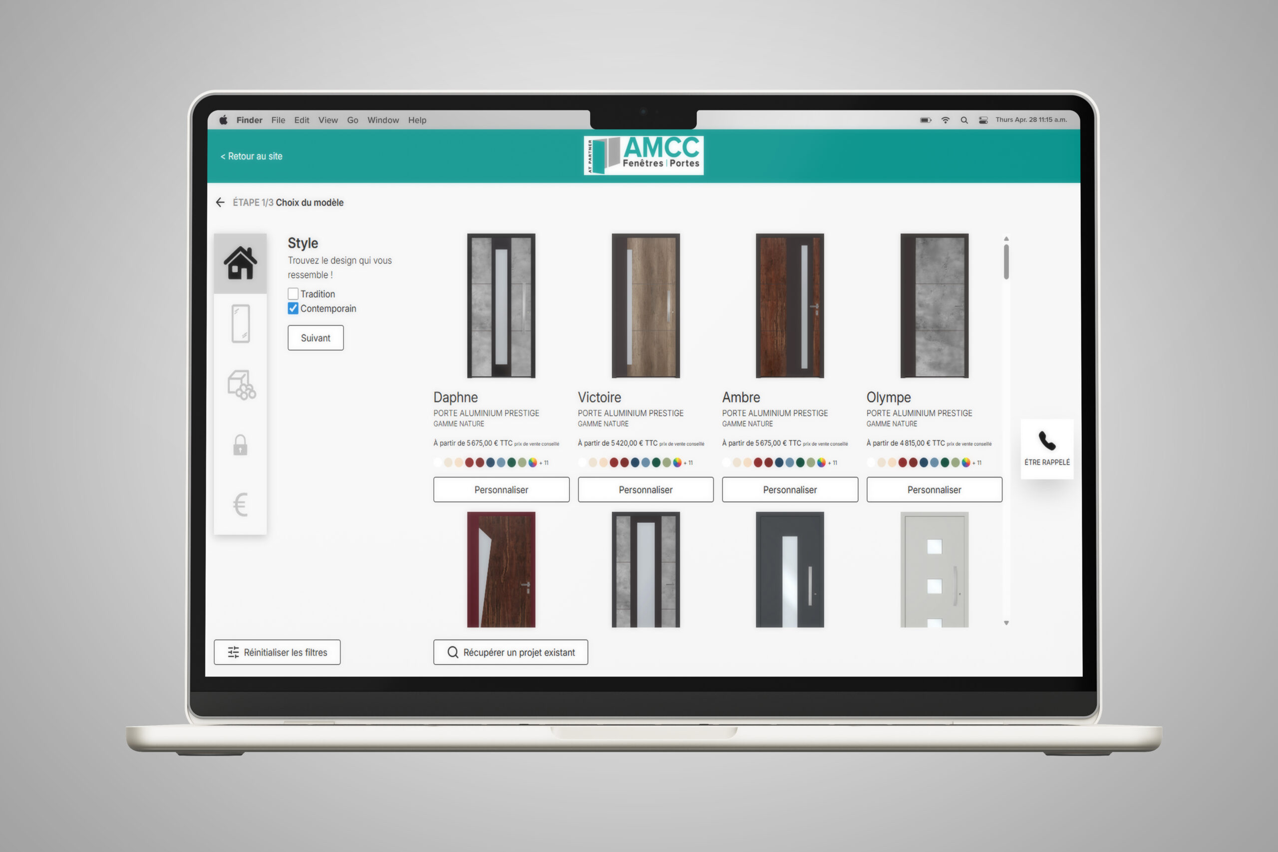 Vue d'un ordinateur présentant le configurateur de portes d'entrée AMCC à l'étape 1 du choix du modèle par critère de style