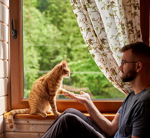 Homme avec un chat sur le rebord d'une fenêtre en bois