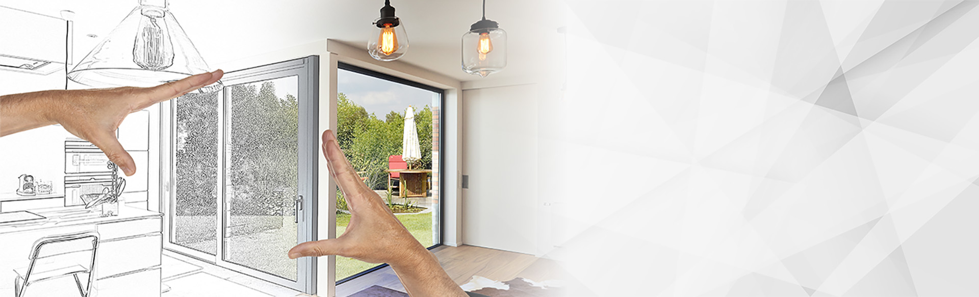 Visuel présentant la projection d'un projet de coulissant donnant sur un jardin pour demander un devis gratuit et sans engagement
