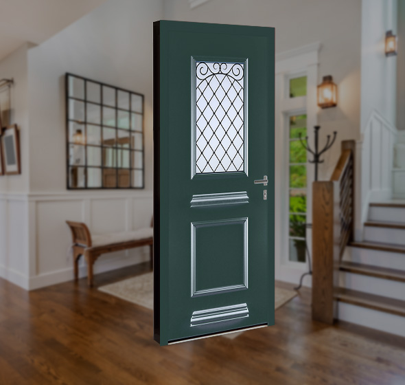 Photo d'ambiance d'une entrée maison de campagne chic lumineuse arrière plan flouté et au premier plan une porte d'entrée contemporaine aluminium verte