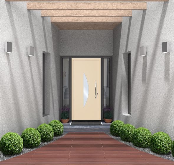 Porte d'entrée colorée jaune devant une maison