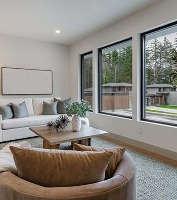 Salon moderne avec des grandes fenêtres esthétiques et design