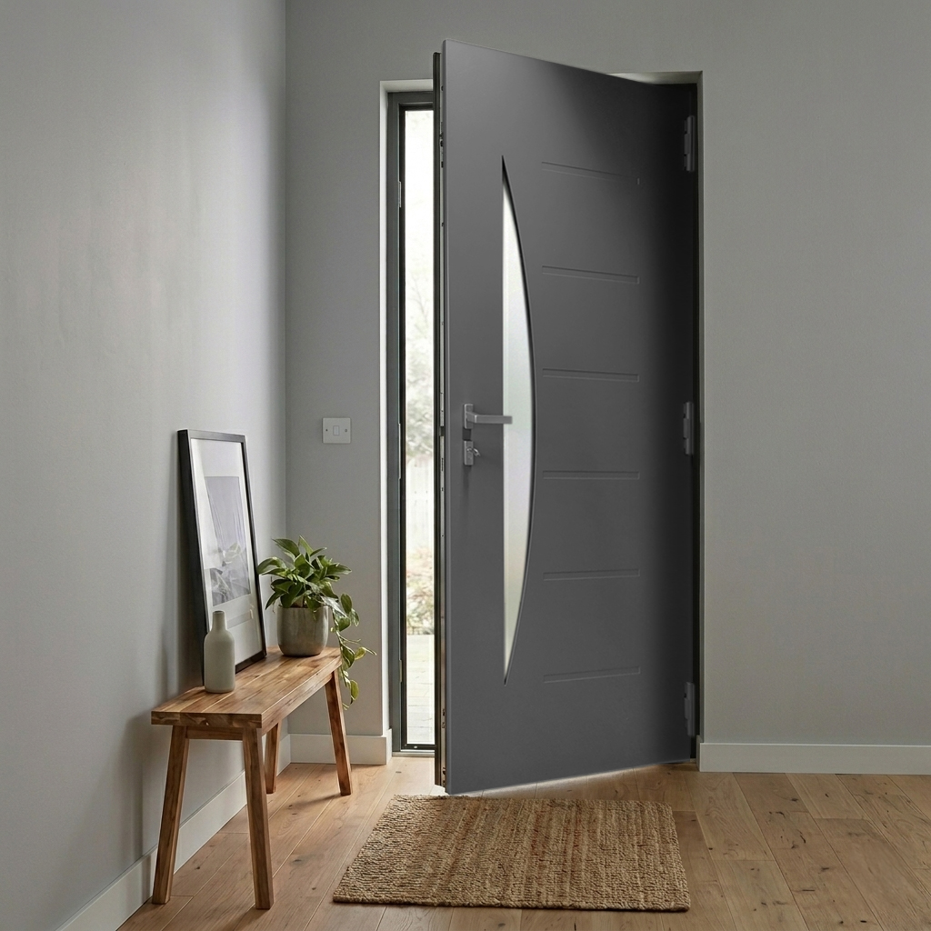 Photo d'ambiance d'une entrée de maison vue intérieure montrant une porte contemporaine Prestige gamme ciselée modèle Flavie gris clair AMCC