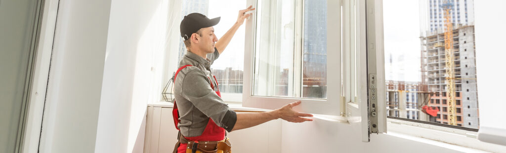 Homme qui installe une fenêtre dans une maison