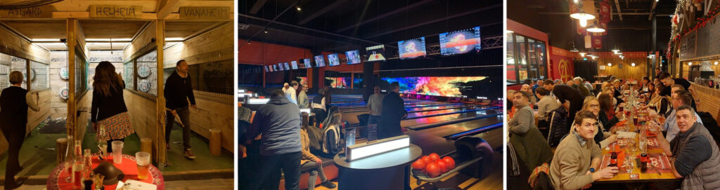 3 photos montrant les activités proposées : lancer de haches à Haguenau, bowling au SpeedPark et restaurant à L'Ancienne douane.