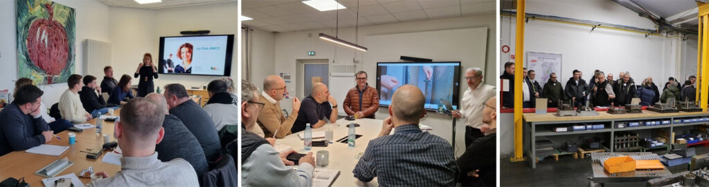 3 photos illustrant les différents ateliers stratégiques proposés durant le séminaire : La formation commerciale dédiée au développement du club AMCC ; Ateliers consacrés à la qualité des produits et visite de l'usine FERCO. 
