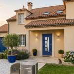 Porte d'entrée aluminium Flora élégance bleu sur une maison individuelle élégante dans les teintes beiges et bleues