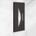 Visuel en 3D de la porte d'entrée en aluminium, modèle Colza, avec panneau partiellement vitré en demi-lune.